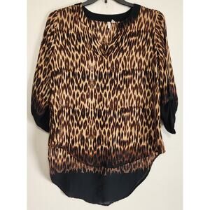 Cato Est. 1946 Leopard Print V-Neck Blouse Roll Tab Sleeves Medium